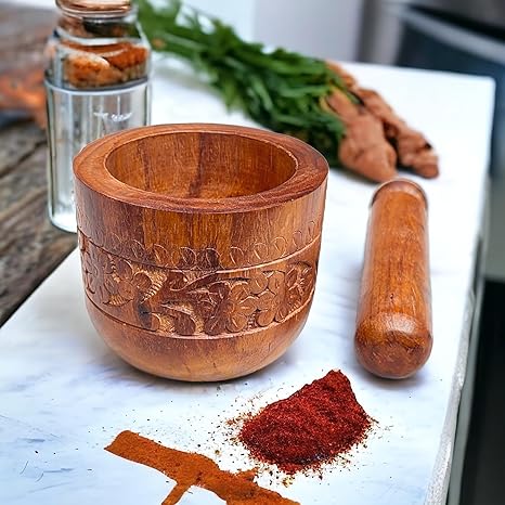 Udaipur Handicrafts Wooden Mortar and Pestle set//Wooden Imam Dasta //Wooden Ohkli Musal//Wooden Kharal//khalbatta//For Mixer and Grinder Spices and Herbs Kitchen in Wood (Size 4 by 3 inch)