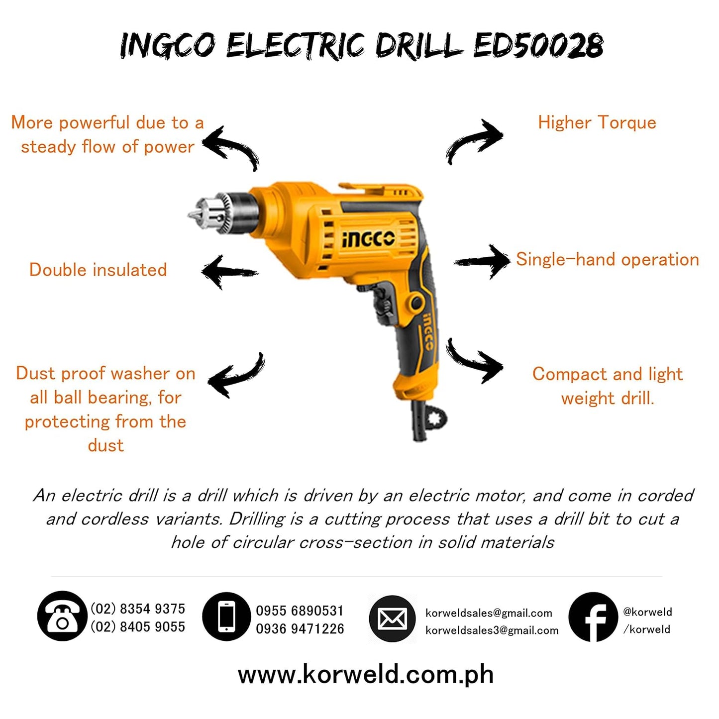 Ingco 500W 10 mm Capacity Variable Speed Impact Drill (ED50028)