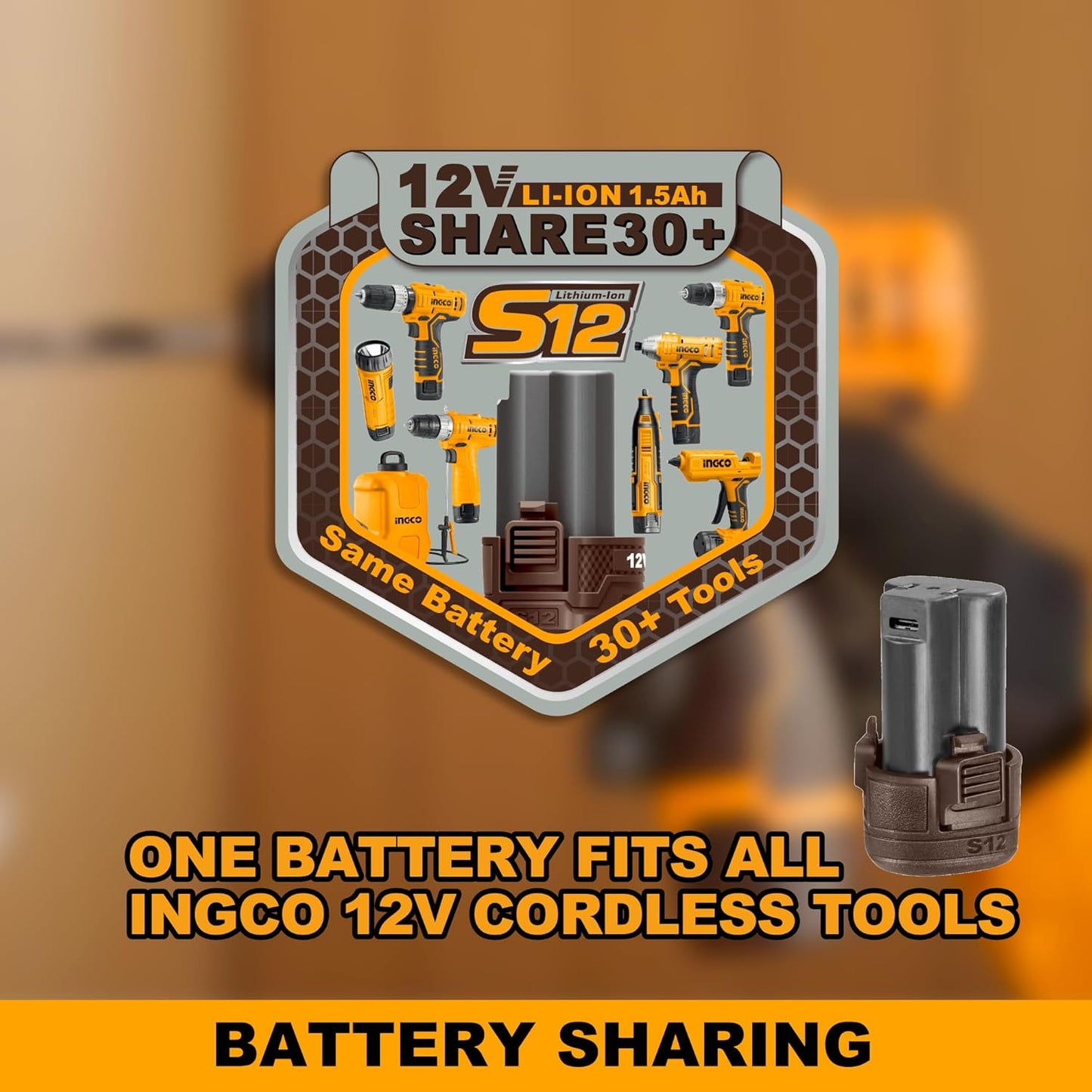 INGCO 12V Lithium-Ion 1.5Ah Battery Pack, One Battery Fits All S12 Multiple Tools