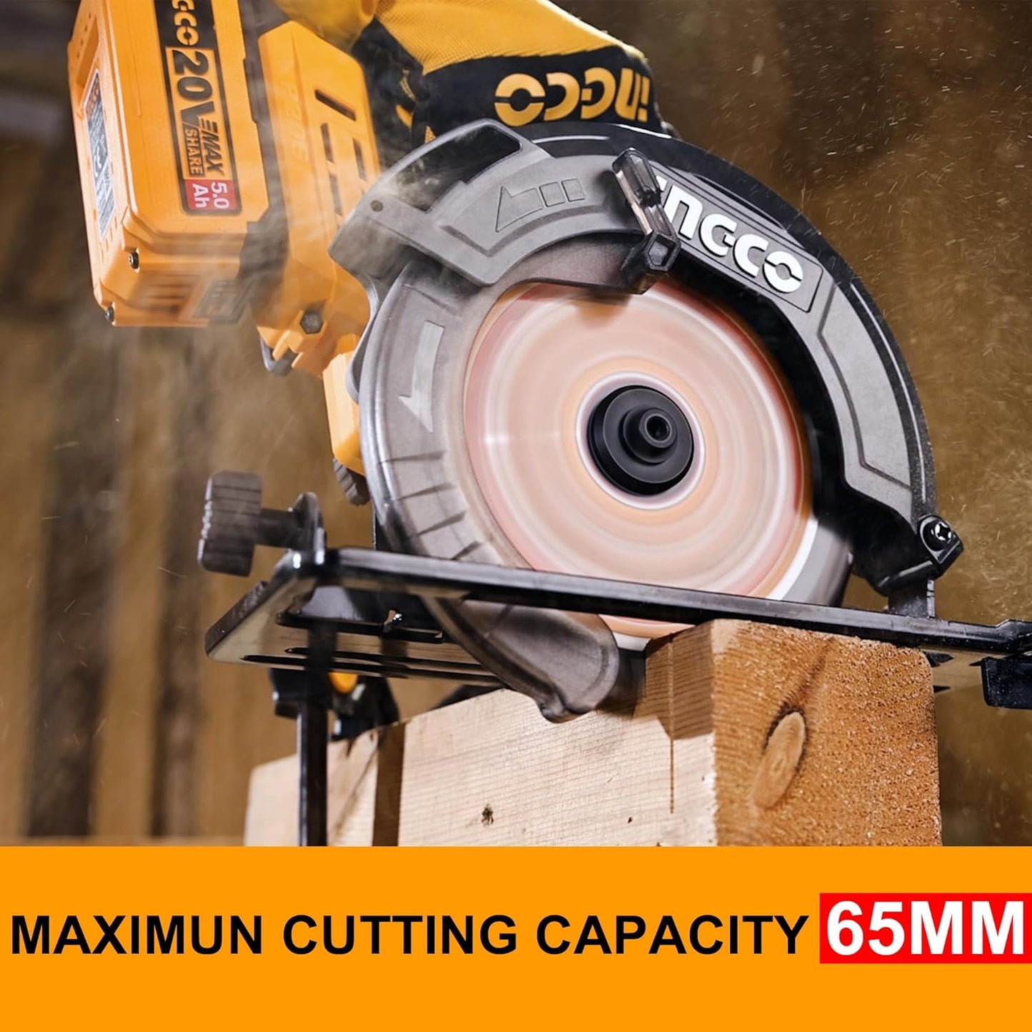 INGCO 20V Cordless Circular Saw 165mm with Brushless Motor 5200RPM Max. Cutting Depth 55mm (90°) Powerful and Efficient Cutting Tool with 1Pcs 4.0Ah Battery and Charger CSLI16521
