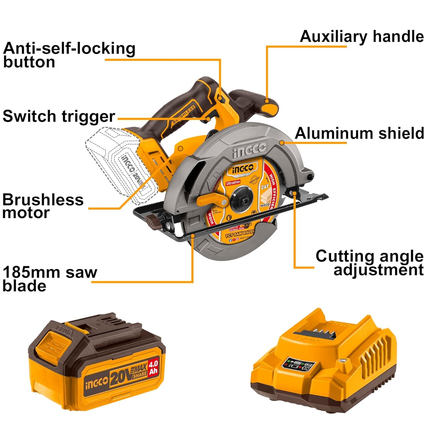 INGCO 20V Cordless Circular Saw 185mm, Brushless Motor, 4800RPM, Max Cutting Depth: 65mm at 90°, With 1Pcs 4.0Ah Battery & Charger