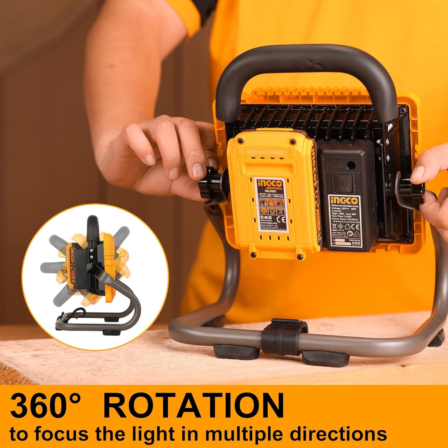 INGCO 20V Lithium-ion LED Work Light 20W Portable Jobsite Light 1800Lm Max, Construction site Floodlight 2 Settings 360° Adjustable with Battery and Charger for Auto-Repair, Camping CWLI20258