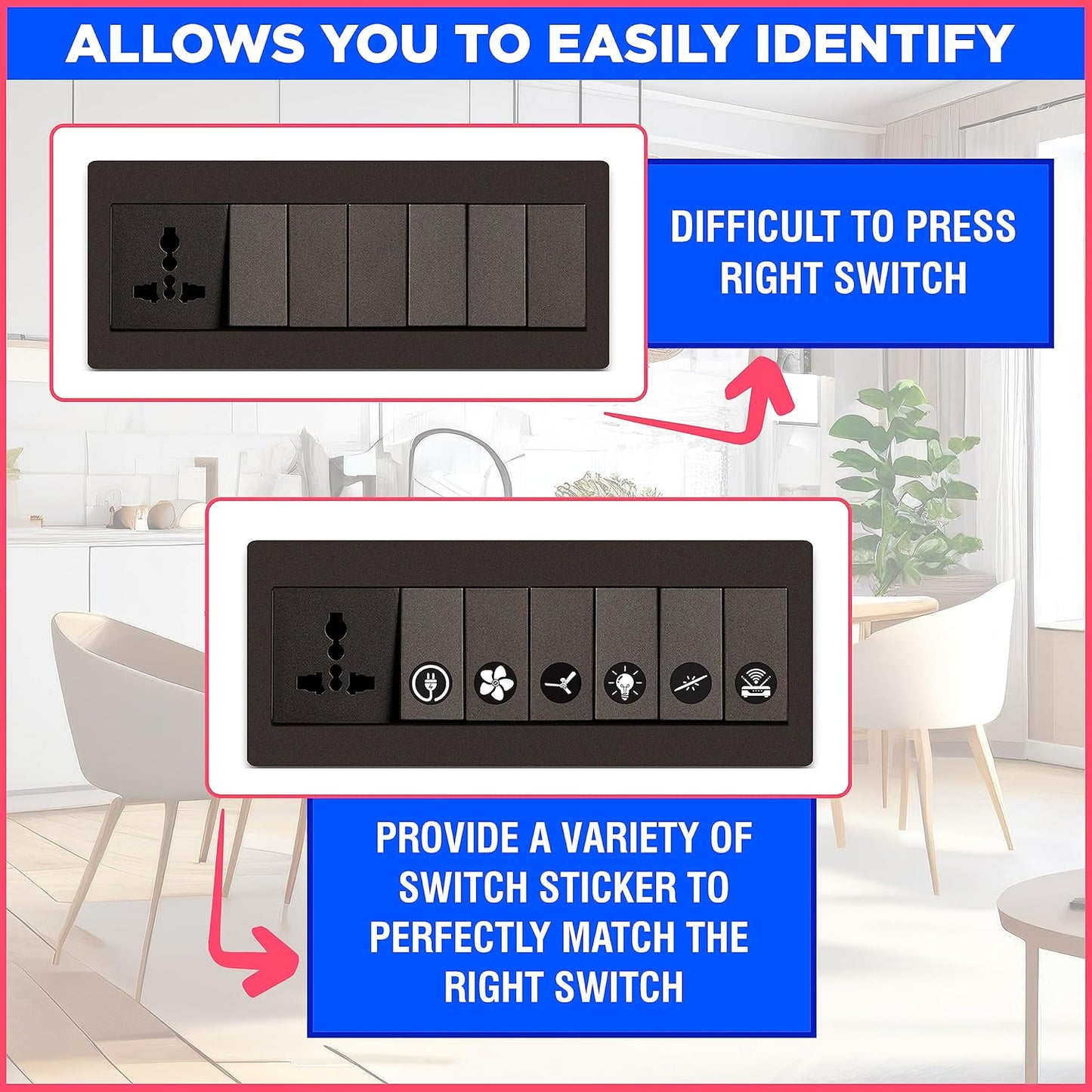Akshar Arts Bhuwana Switch Board Stickers Black and White | Switch Id Sticker Vinyl Labels 3-A4 Sheets for Electric Board Appliances Including 27 Designs in Total 495 Stickers for Switches, Self Adhesive