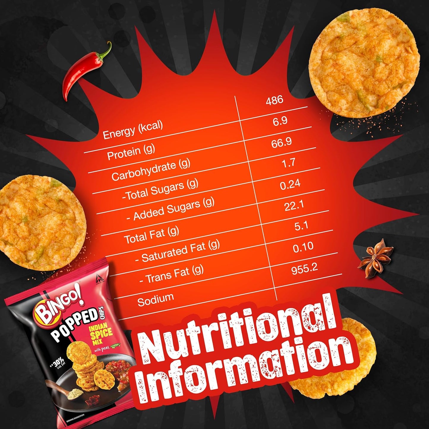 Bingo! Popped Chips - Airy, Crunchy, Zero-Gravity Snacks with 30% Less Fat (Indian Spice Mix Flavour)- Not Fried, Not Baked, Just Popped! - 26.7g/25g(weight May Vary)