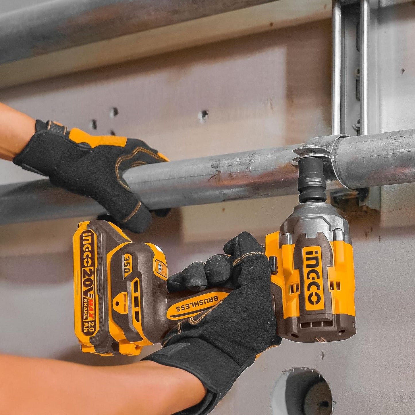 Ingco CIWLI2035 20V Cordless Brushless Impact Wrench | 1/2" Square Drive, 350Nm Torque, LED Work Light | with 2 Batteries & Charger, Carrying Case, 19/21mm Sockets