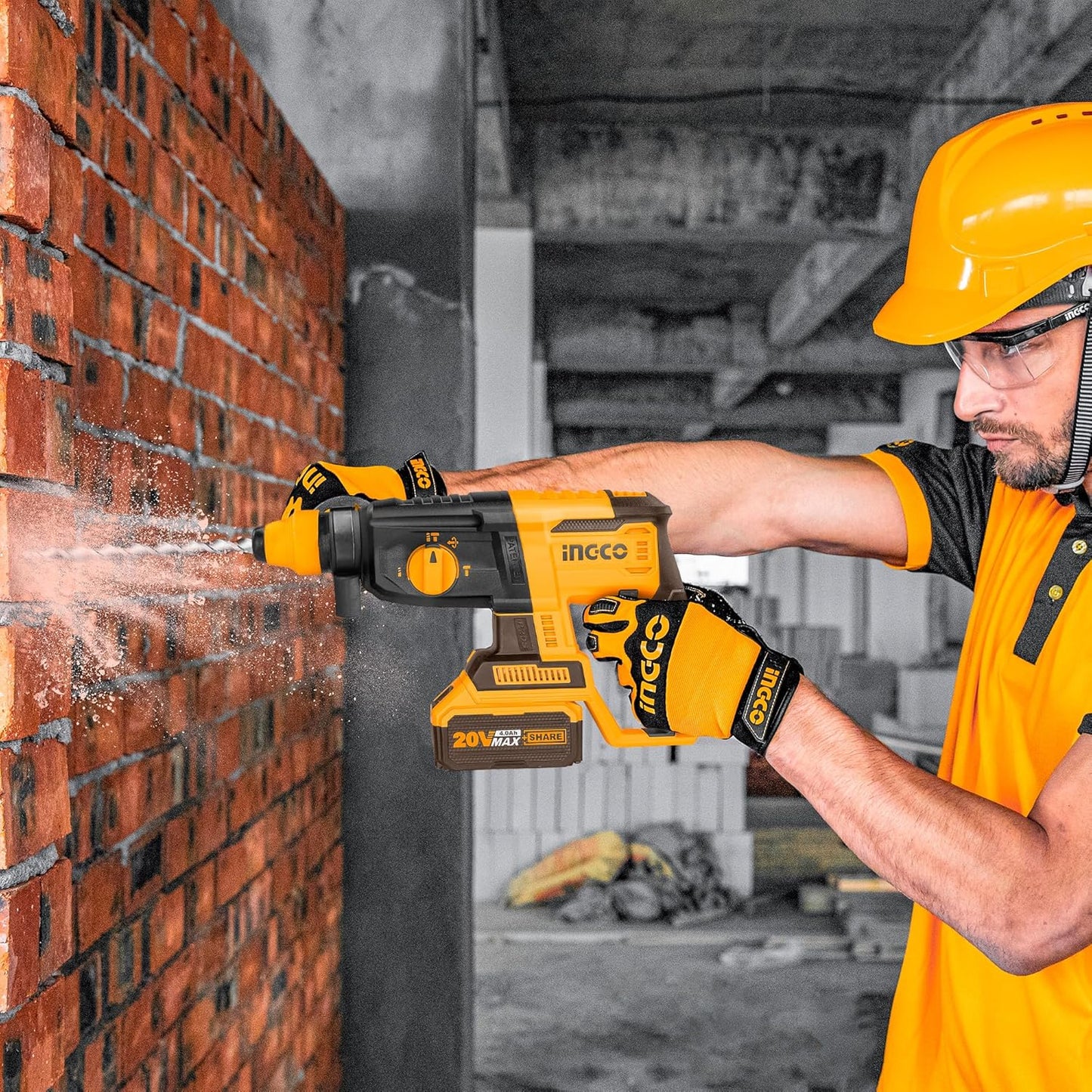INGCO Cordless Rotary Hammer, Brushless Motor, 2.5J, Max.drilling capacity: Concrete: 26mm, SDS plus Chuck System CRHLI2026