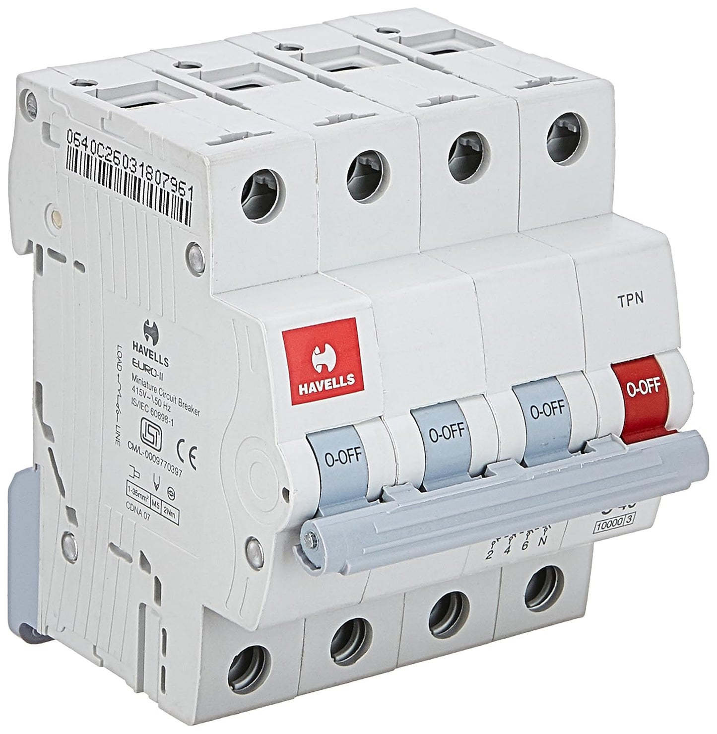 Havells DHMGCTNF040 PVC Plastic 40A MCB TPN C Curve (White)
