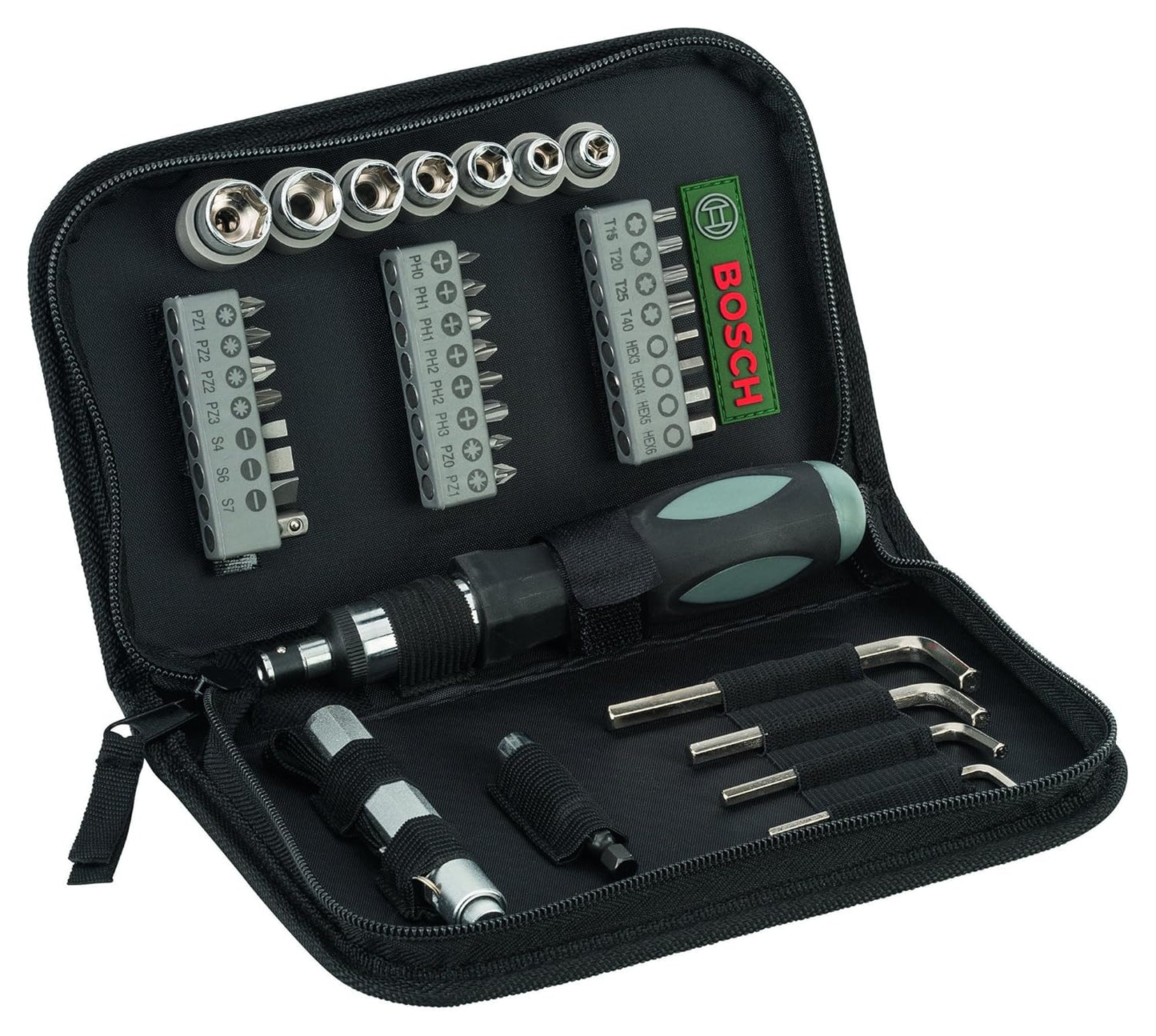 Bosch 38-piece Mixed Screwdriver Set, Cobalt Steel, Compact & Portable, Universal Compatibility, 23 Screwdriver Bits, 7 Nutsetters, Universal Holder, Hex Keys, Ratcheting Driver & Torch
