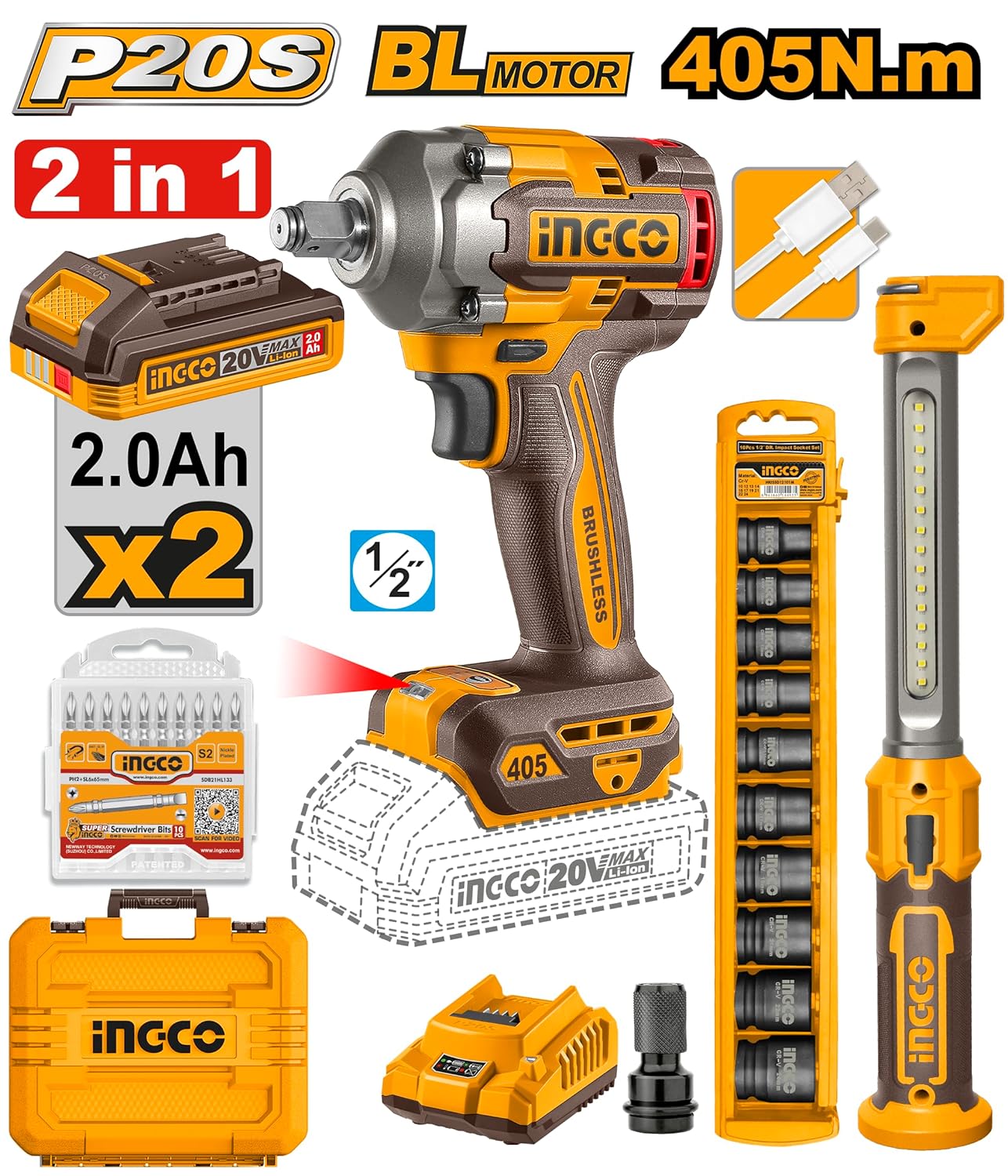 Ingco Cordless Impact Wrench with Work Lamp, 405Nm, 2 x 2.0 Ah Batteries, 10-Piece Socket Set, LED Work Light, 10-Piece Screwdriver bit