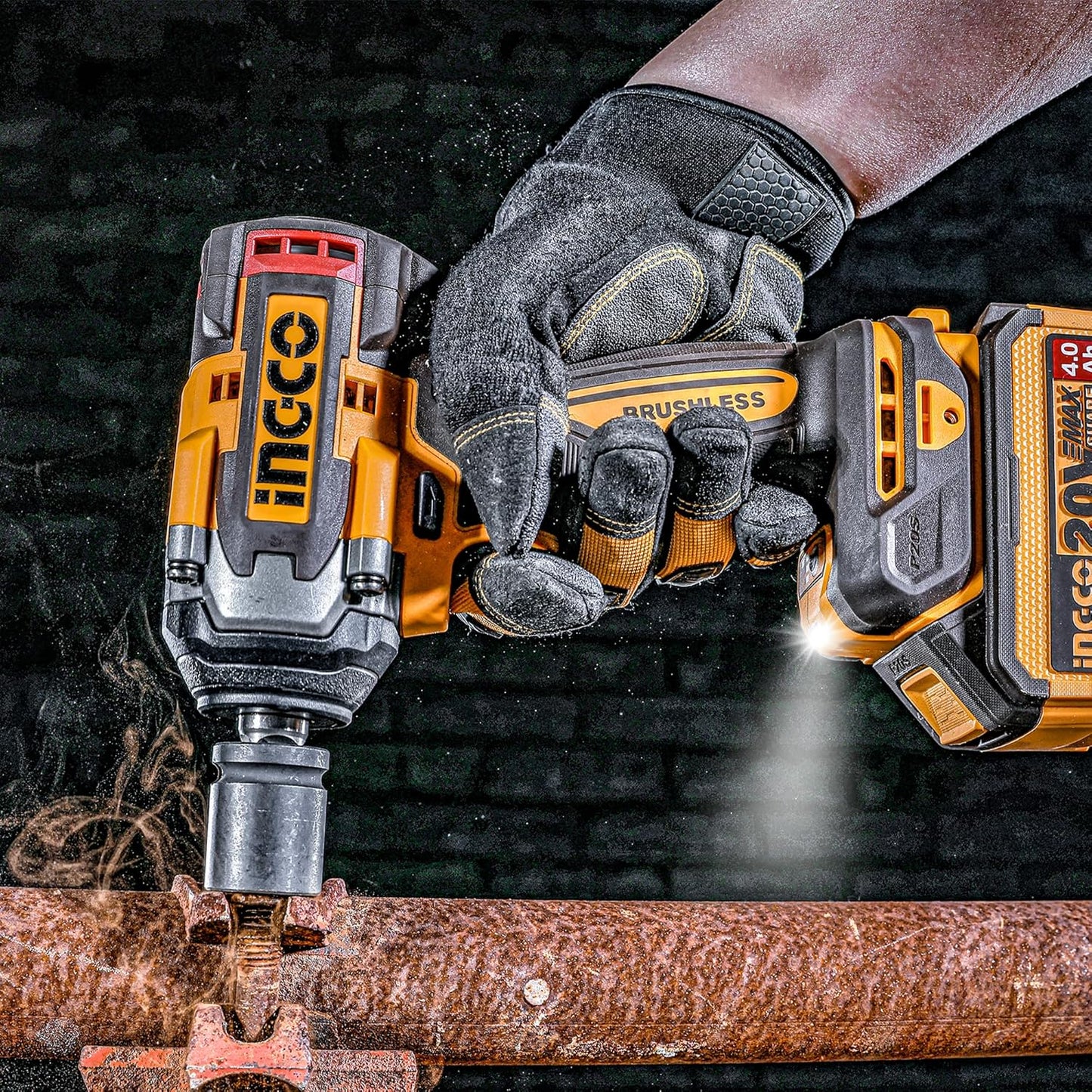 Ingco Brushless Impact Wrench, Nut-Busting Torque 650Nm, 20V Cordless 1/2 Inch Battery Impact Gun, 2200RPM with 2 PCS 4.0 Ah Battery Packs and Fast Charger