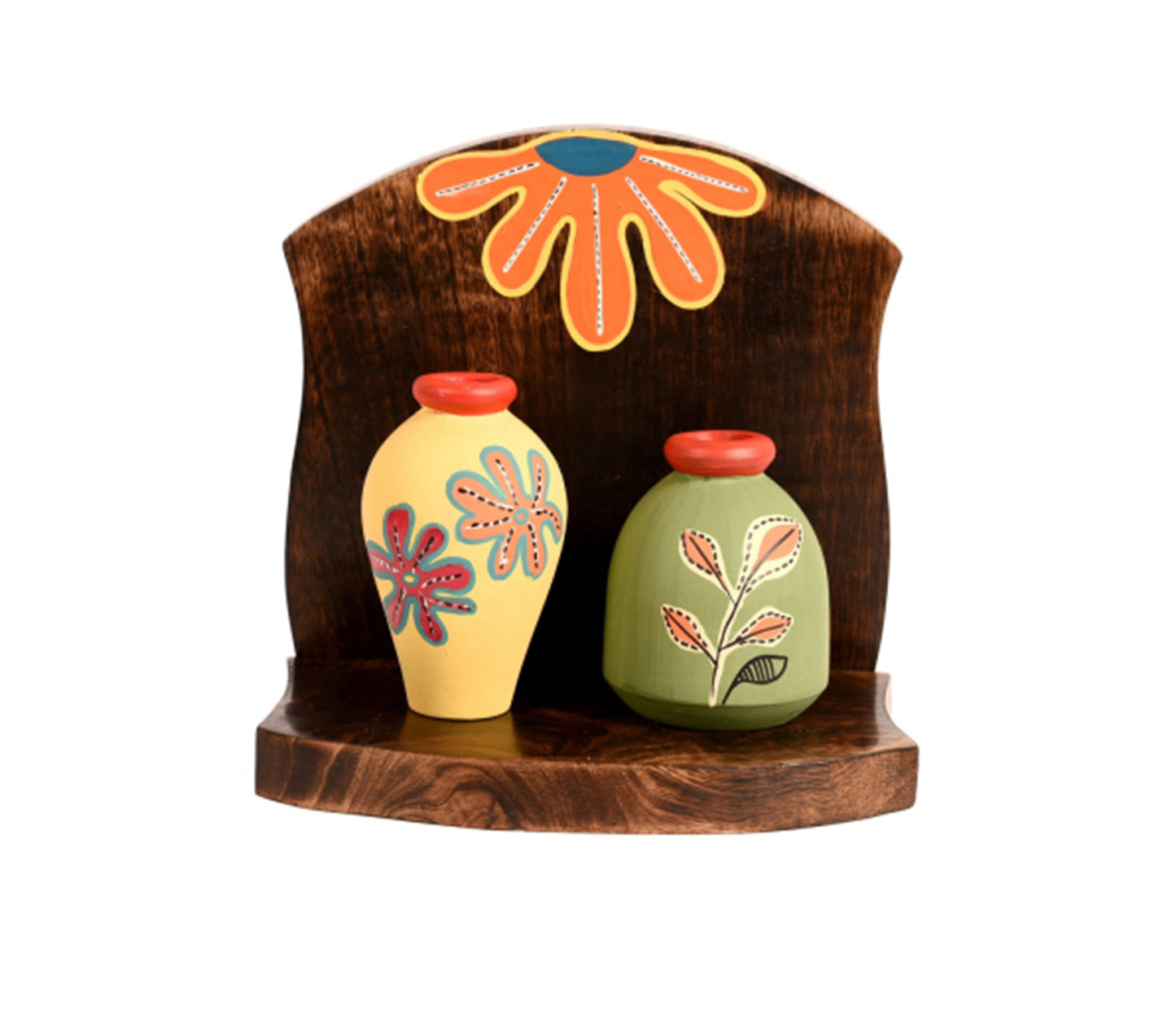 Udaipur Handicrafts Brown Wooden Shelf With Two Art Pots