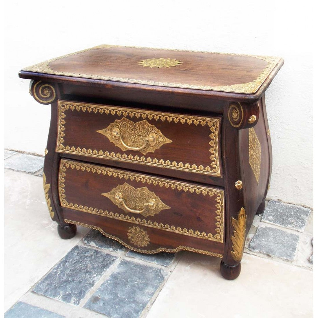 Colonial Style Bedside Cabinet with Indian Brass Artwork