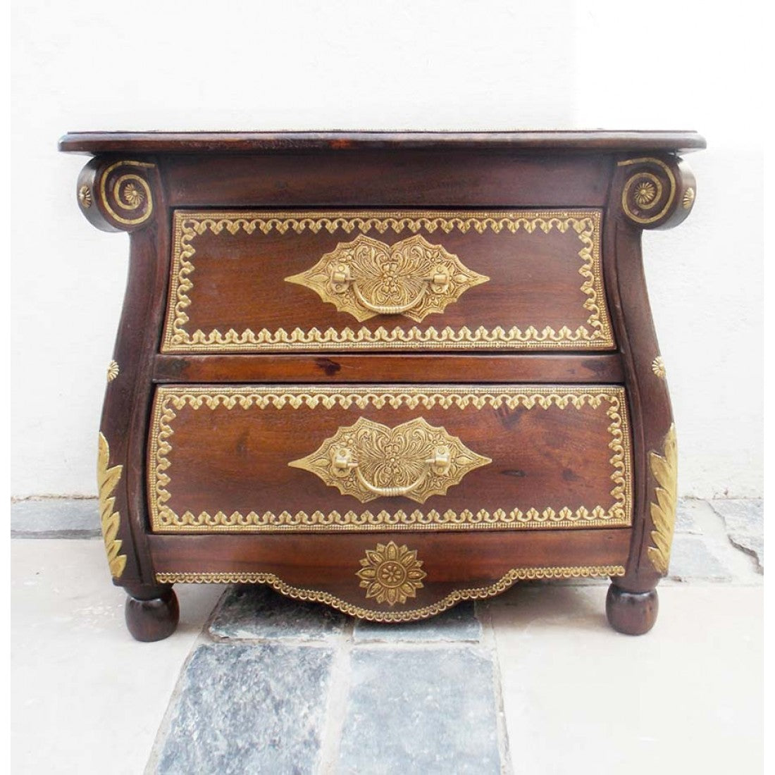 Colonial Style Bedside Cabinet with Indian Brass Artwork