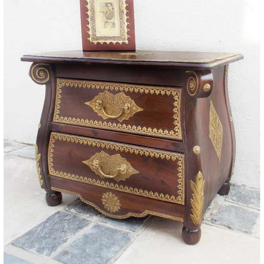 Colonial Style Bedside Cabinet with Indian Brass Artwork