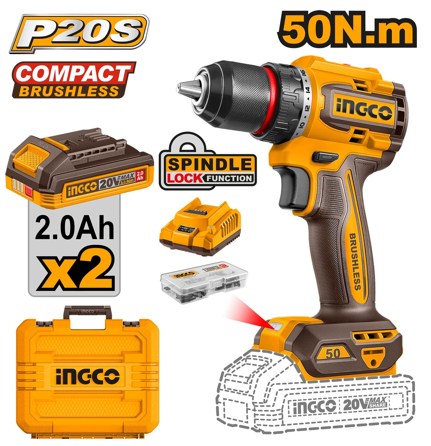 INGCO Compact Brushless Cordless Drill CDLI205062