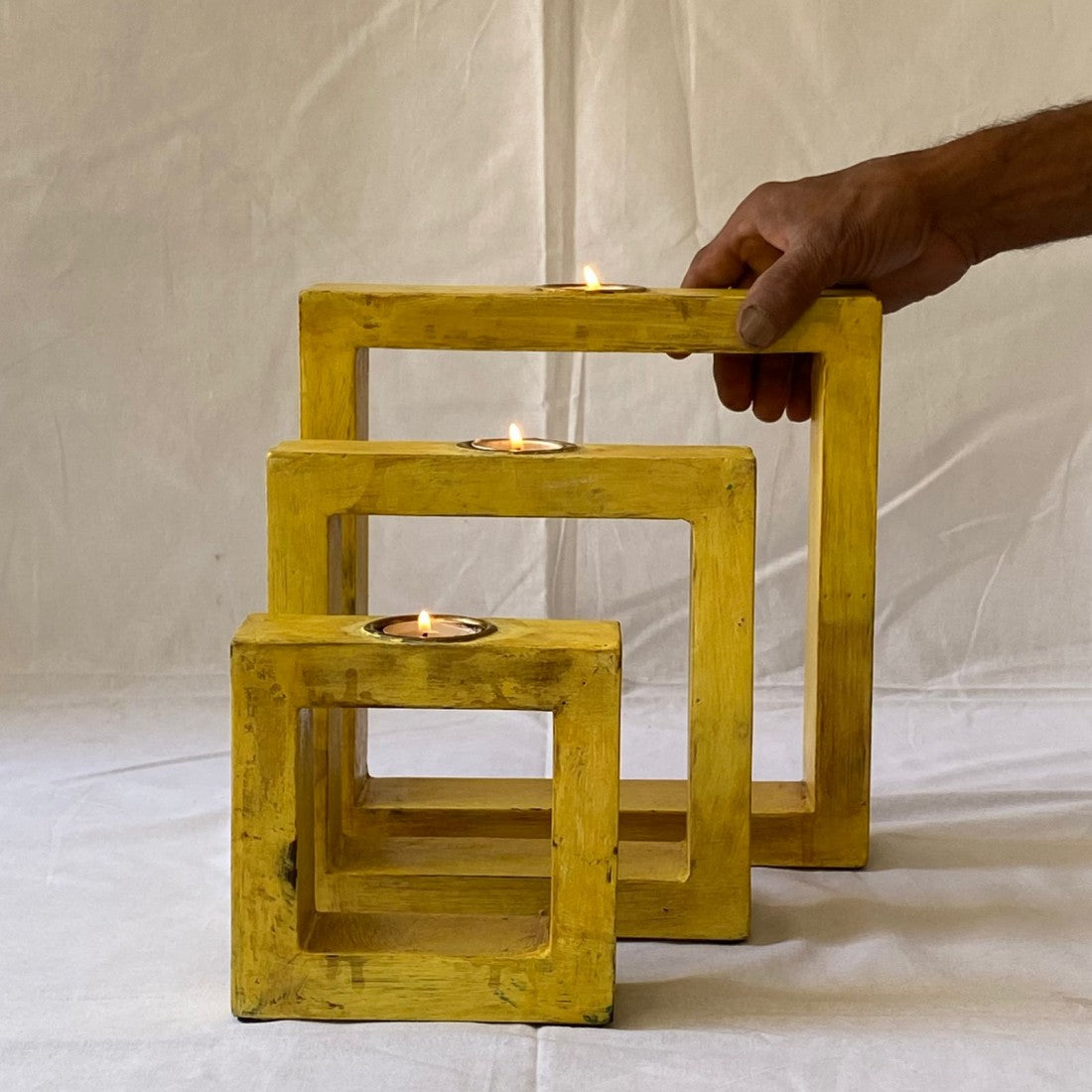 Yellow Square Tea Light Holder Set Of 3