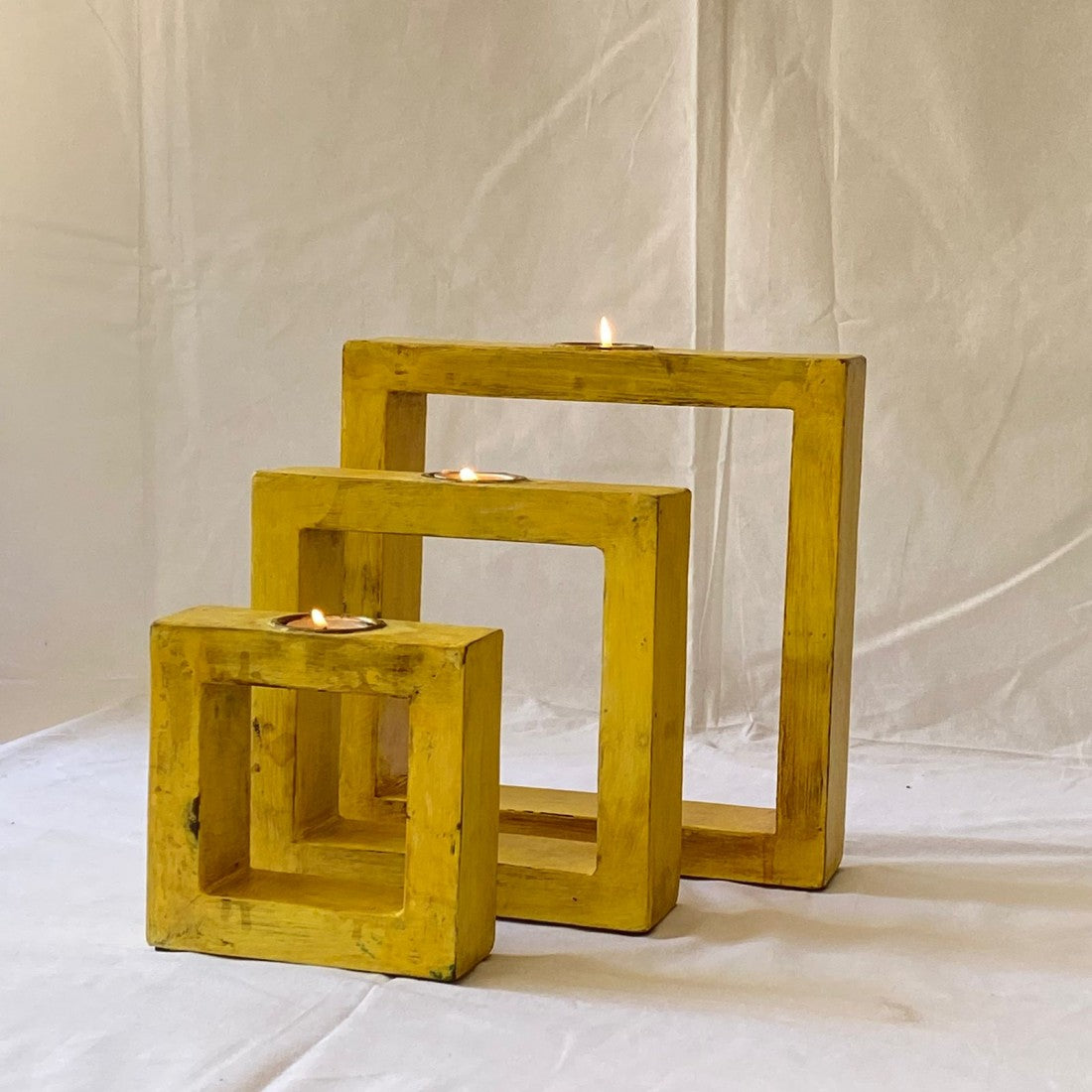 Yellow Square Tea Light Holder Set Of 3