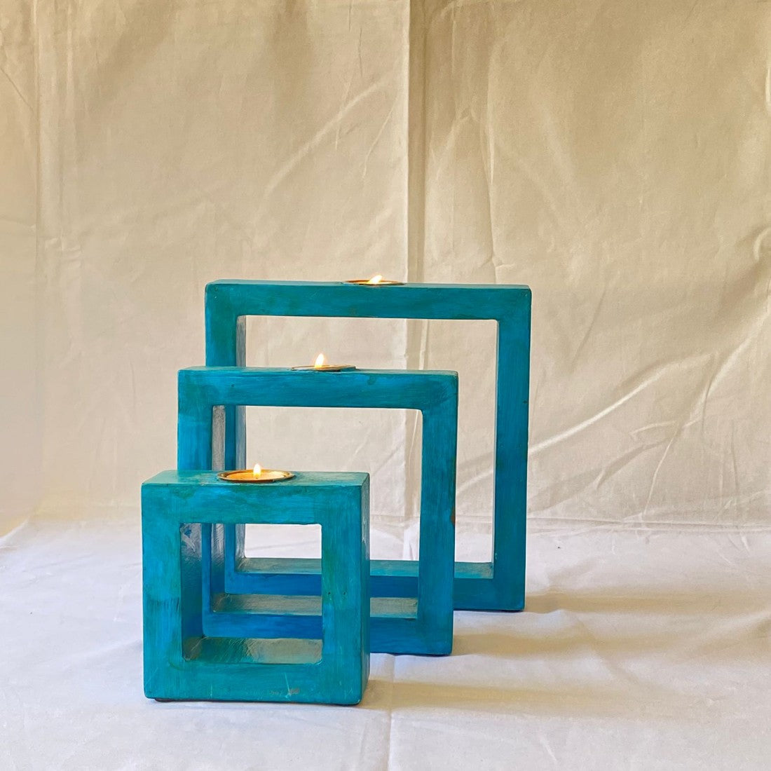 Blue Square Tea Light Holder Set Of 3