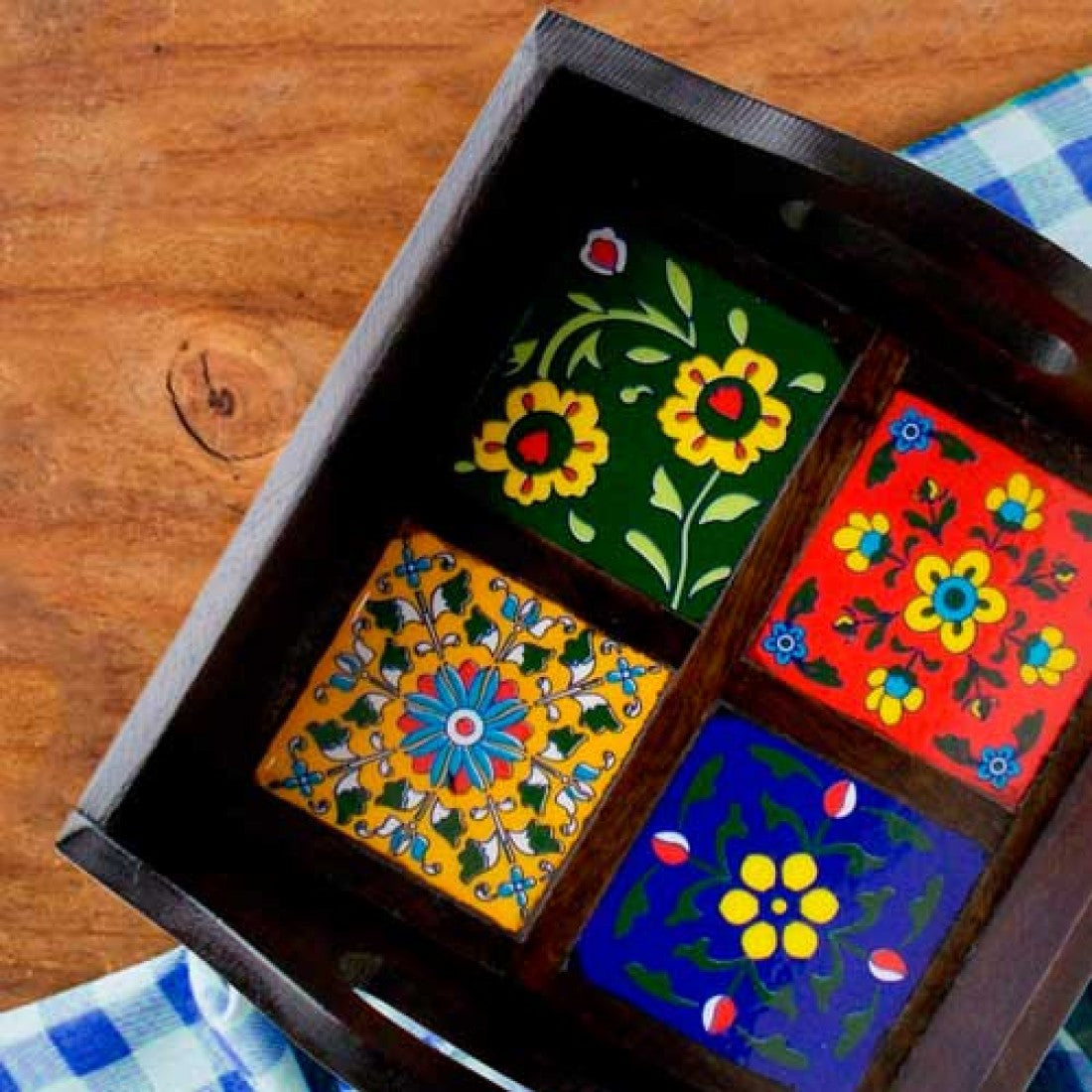 Ceramic-Blocked Wooden Serving Tray (With 4 Ceramic Tiles), Polished (8x8)