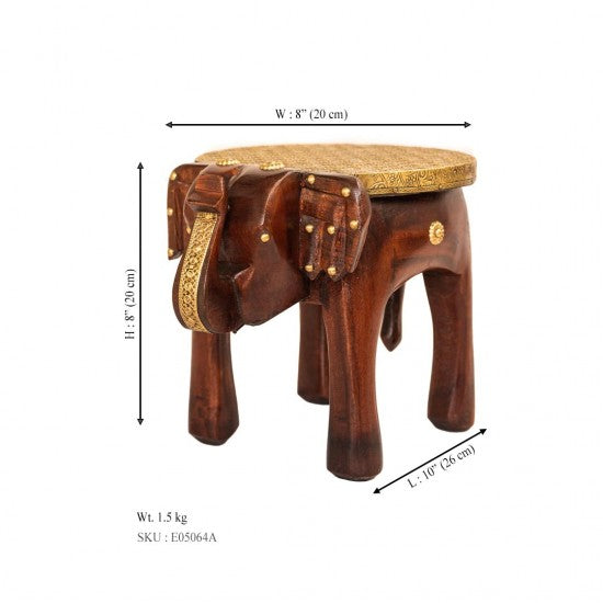 Brown Polished Wooden Elephant Embossed Brass Art Stool 8 inch