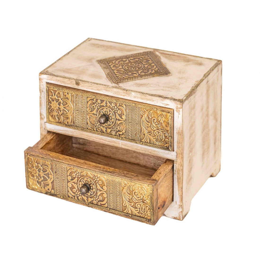 Distressed White Mini Drawers With Embossed Brass Art