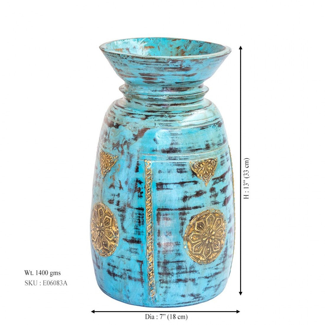 Handcrafted Distressed Blue Wooden Pot With Intricate Brass Detailing