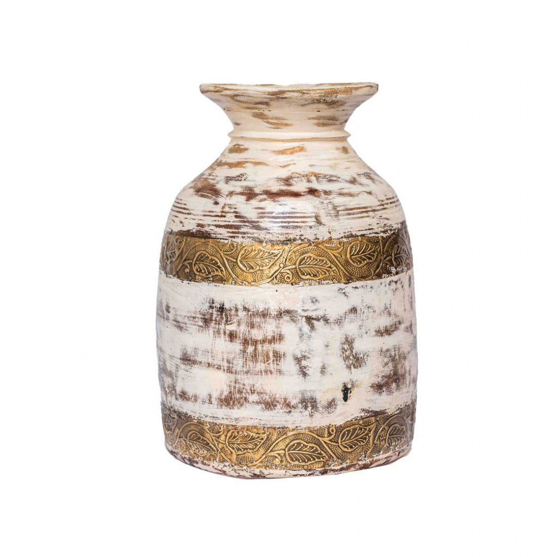 Handcrafted White Distressed Wooden Matka With Intricate Brass Embossing