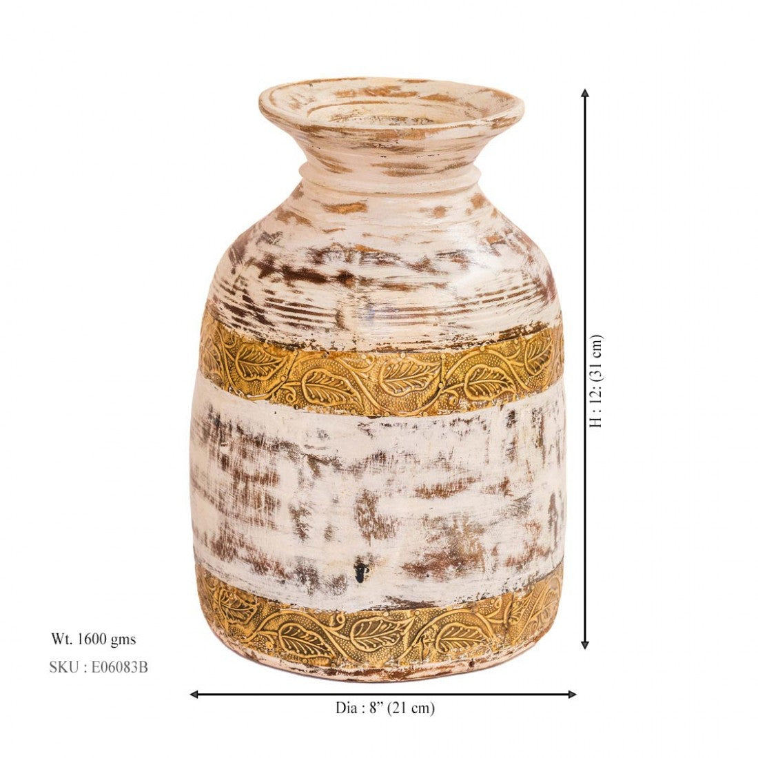Handcrafted White Distressed Wooden Matka With Intricate Brass Embossing