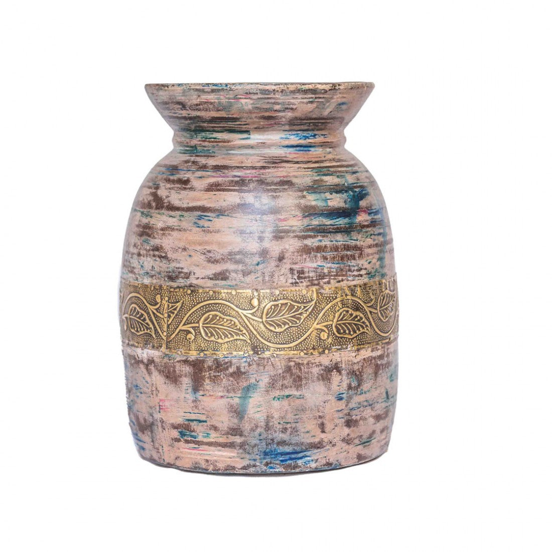 Handcrafted Colourful Distressed Wooden Matka With Embossed Brass Work Dia 7.5 X 10 Inches