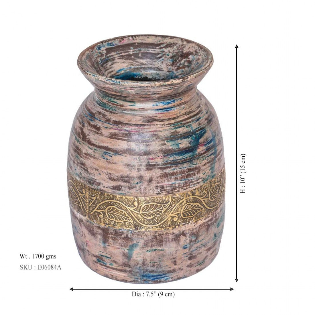 Handcrafted Colourful Distressed Wooden Matka With Embossed Brass Work Dia 7.5 X 10 Inches