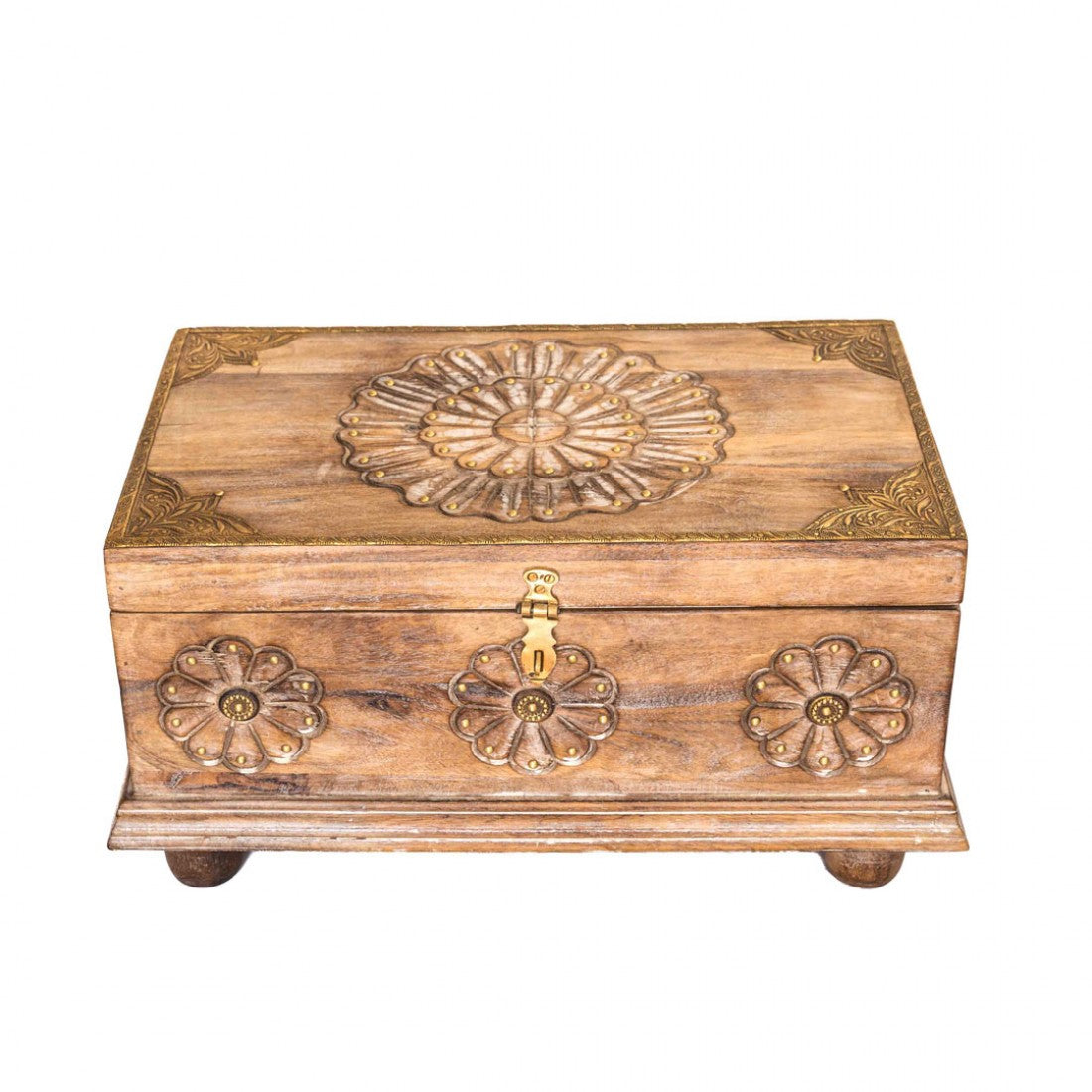Rustic White Wooden Treasure Box With Floral Carving And Embossed Brass Work