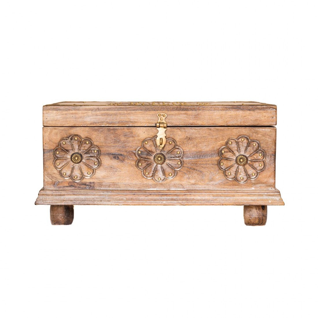 Rustic White Wooden Treasure Box With Floral Carving And Embossed Brass Work