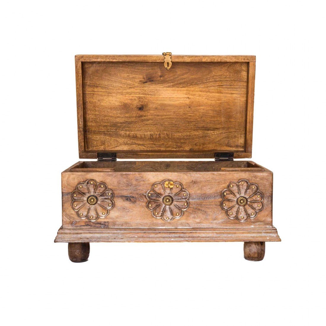 Rustic White Wooden Treasure Box With Floral Carving And Embossed Brass Work