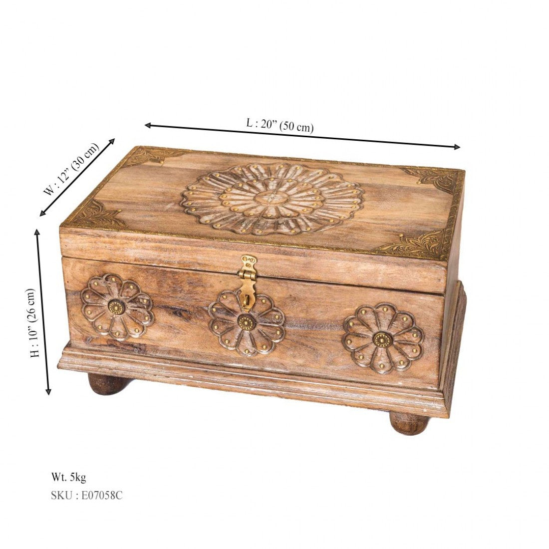 Rustic White Wooden Treasure Box With Floral Carving And Embossed Brass Work