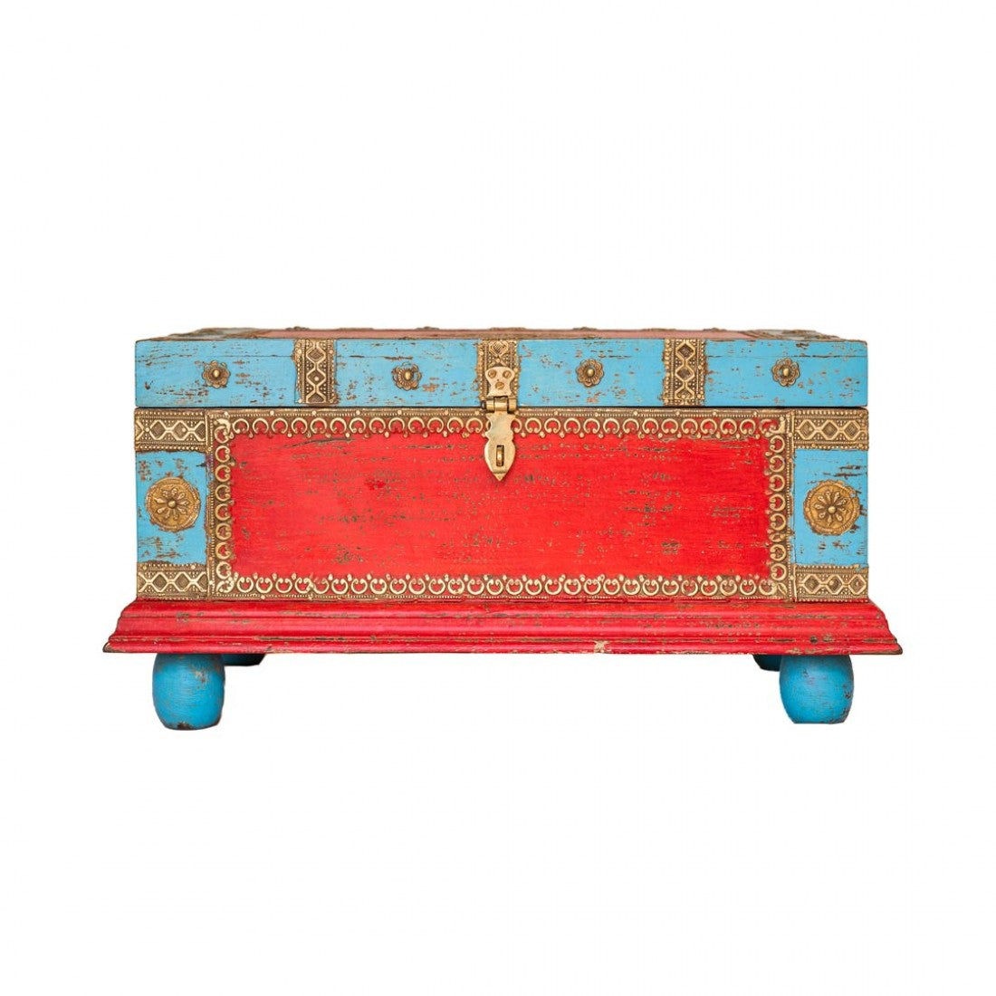Blue-Red Wooden Treasure Box With Embossed Brass Art