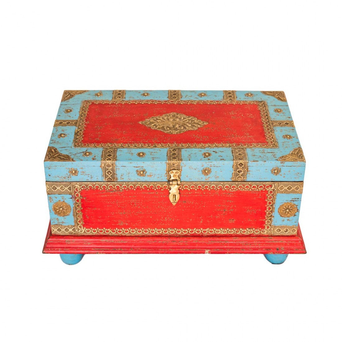 Blue-Red Wooden Treasure Box With Embossed Brass Art