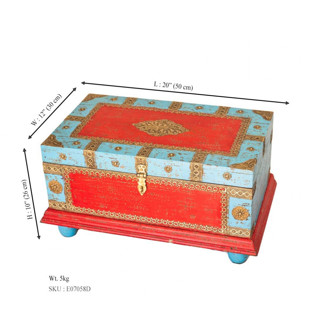 Blue-Red Wooden Treasure Box With Embossed Brass Art