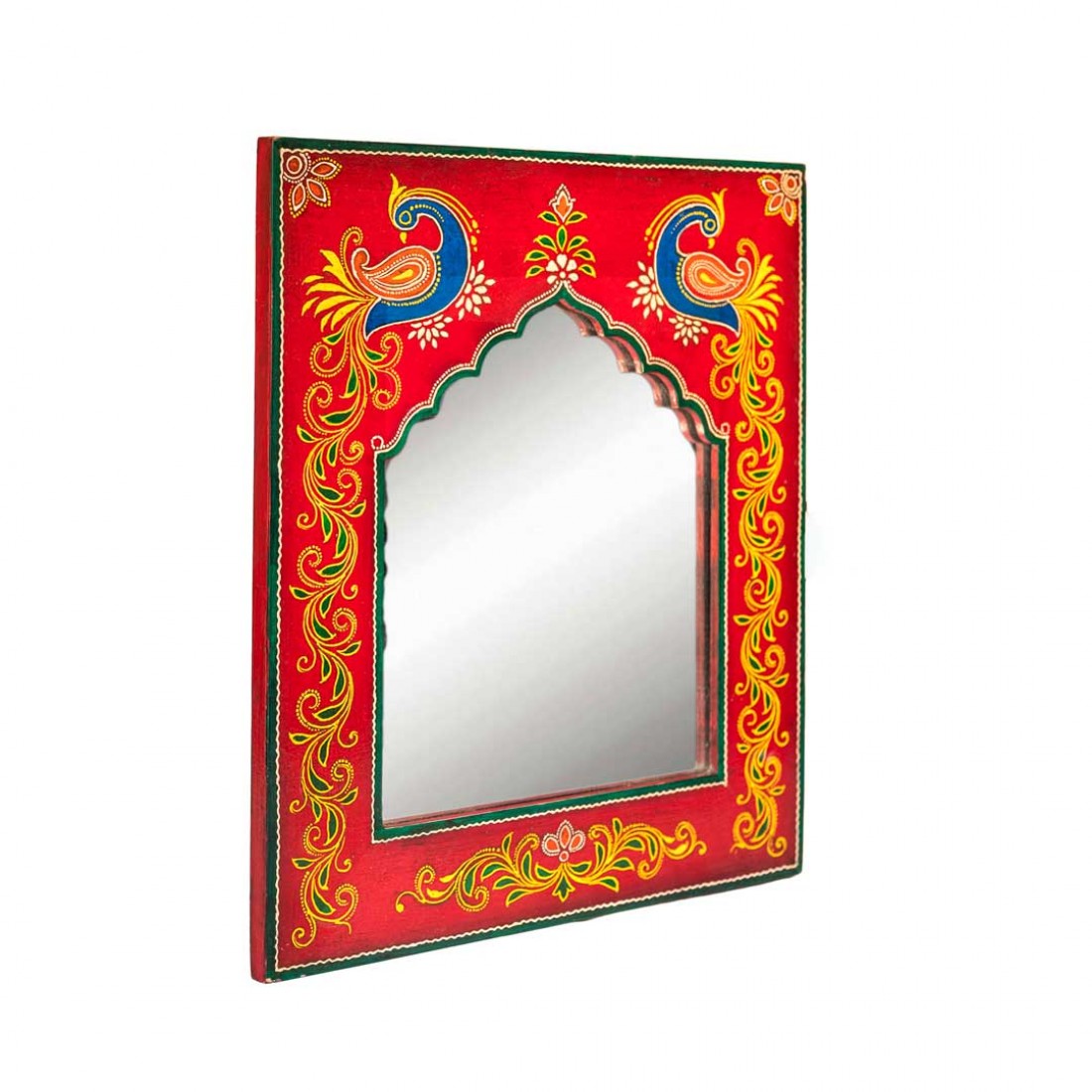 Hand Painted Peacock - Red Wooden Framed Mirror