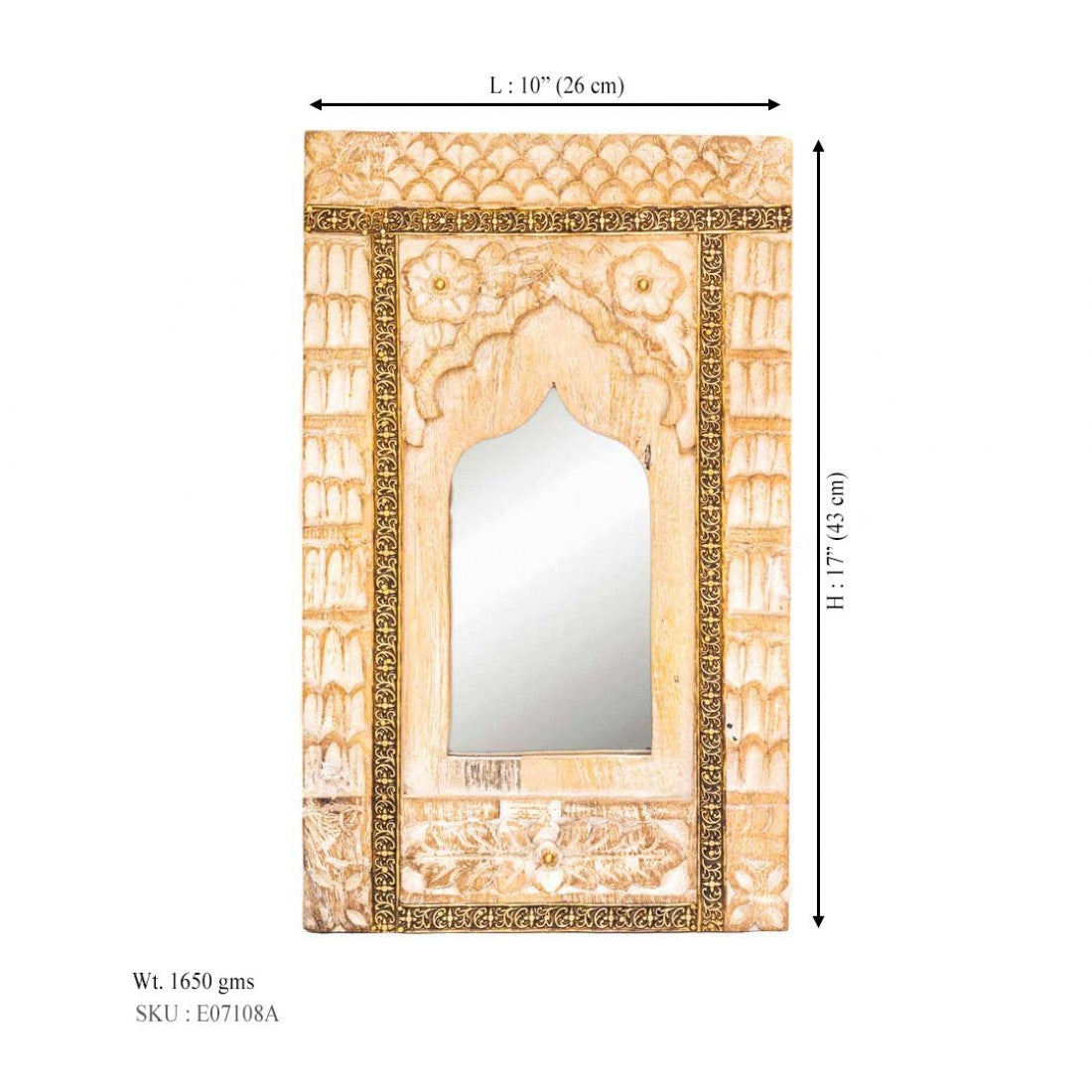 Jharokha Shaped Distressed White Floral Wooden Carved Frame With Brass Art