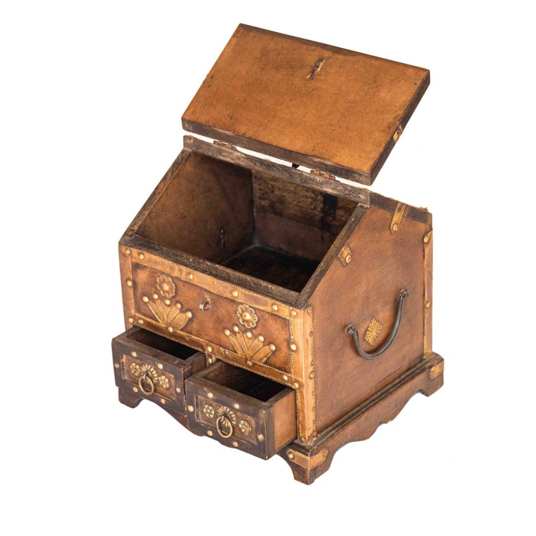 Jopadi Shaped Jewellery Box And Organizer With Floral Embossed Brass Work