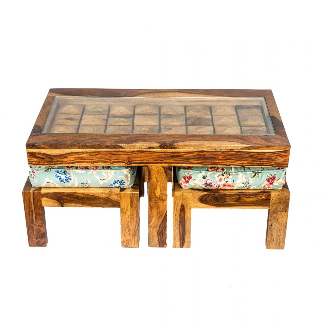 Coffee Table Set with Glass Top and two Stools - Natural Wood Finish