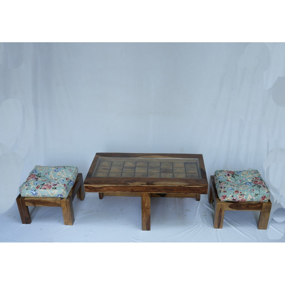 Coffee Table Set with Glass Top and two Stools - Natural Wood Finish