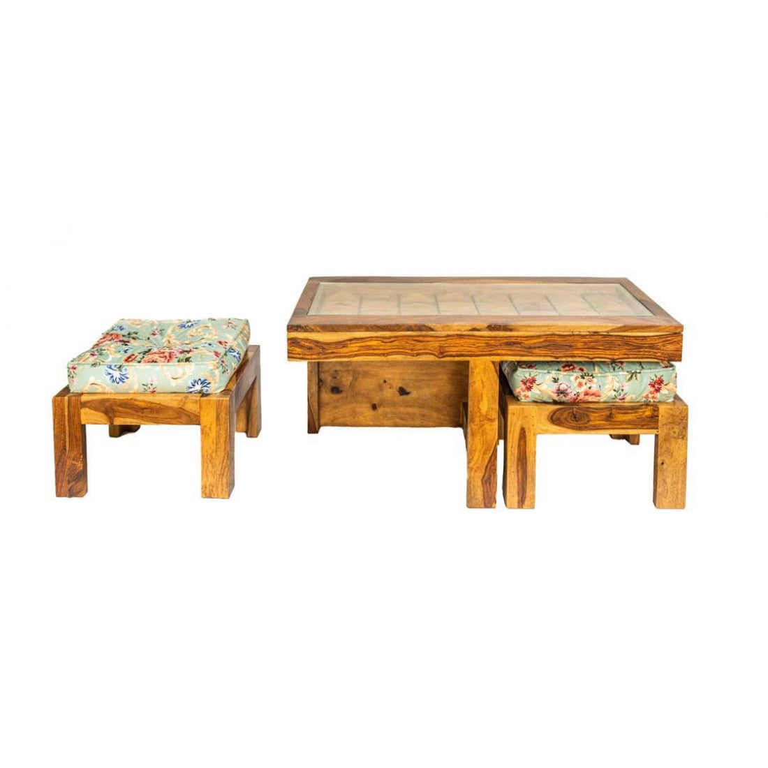 Coffee Table Set with Glass Top and two Stools - Natural Wood Finish