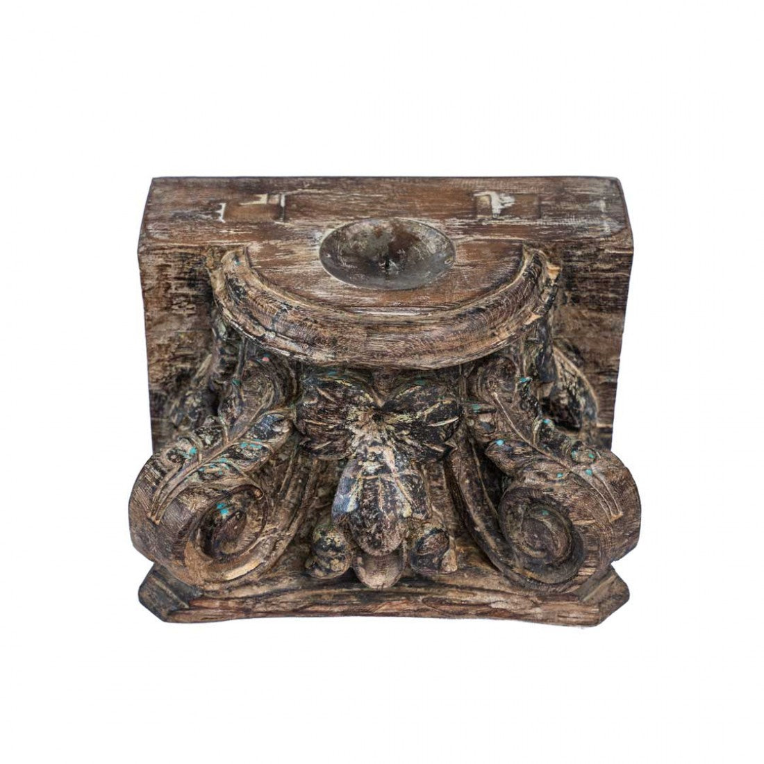 Antique Floral Carved Wooden Block Candle Stand