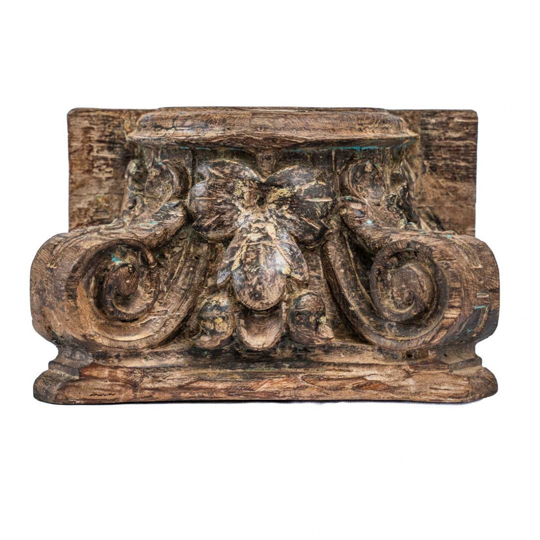 Antique Floral Carved Wooden Block Candle Stand