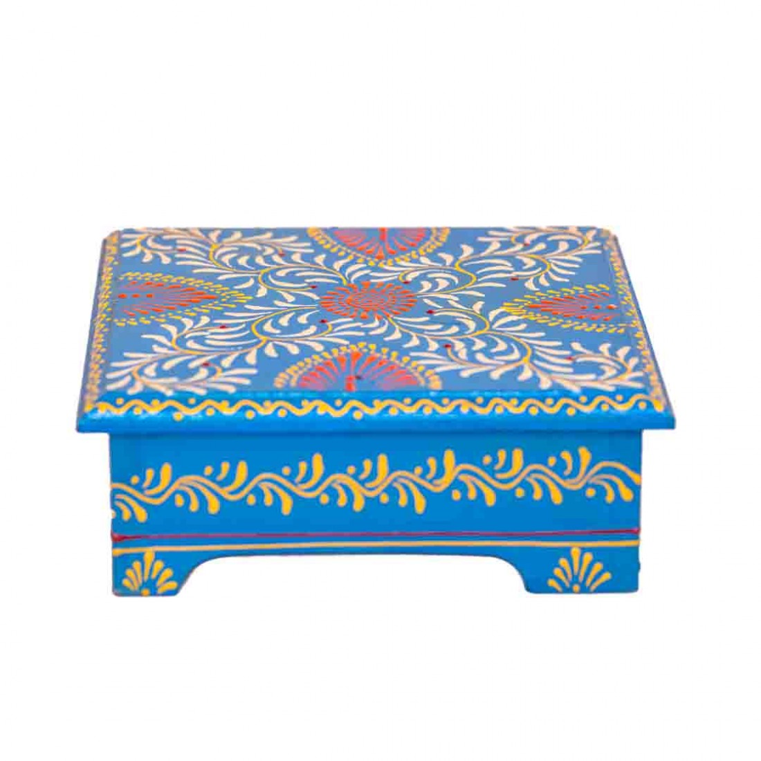Hand Painted Cone Artwork Wooden Chowki / Bajot / Patla - Blue (Floral Leaf Design) 8 X 8 Inches