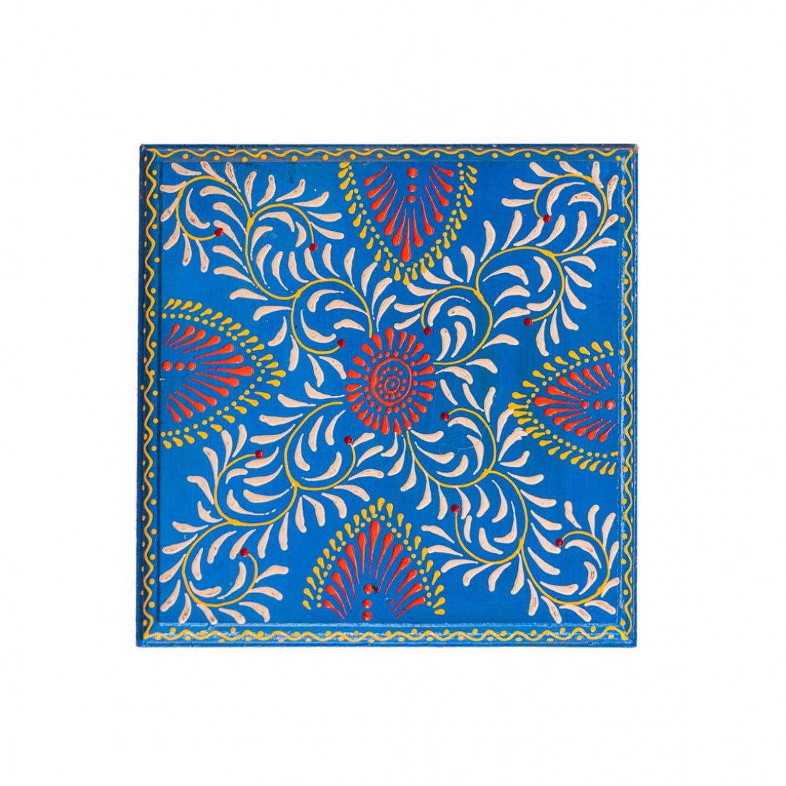 Hand Painted Cone Artwork Wooden Chowki / Bajot / Patla - Blue (Floral Leaf Design) 8 X 8 Inches