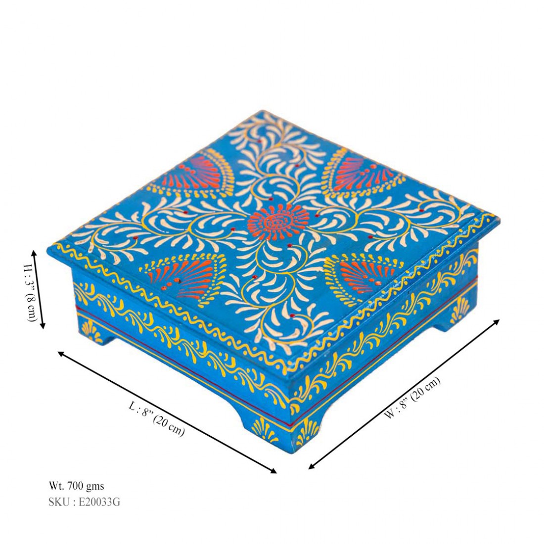 Hand Painted Cone Artwork Wooden Chowki / Bajot / Patla - Blue (Floral Leaf Design) 8 X 8 Inches