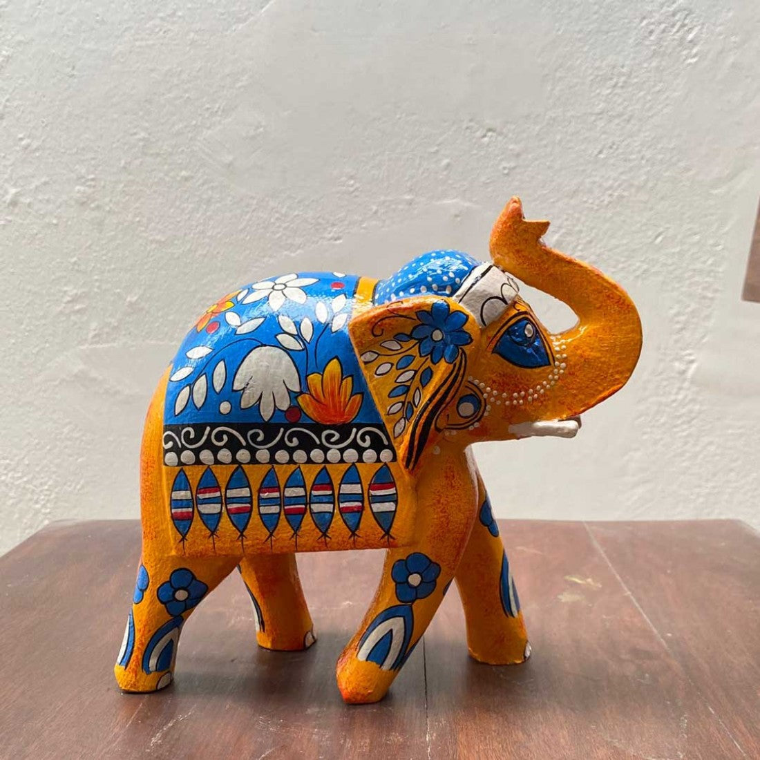 Hand Painted Elephant Showpiece - Blue/Yellow