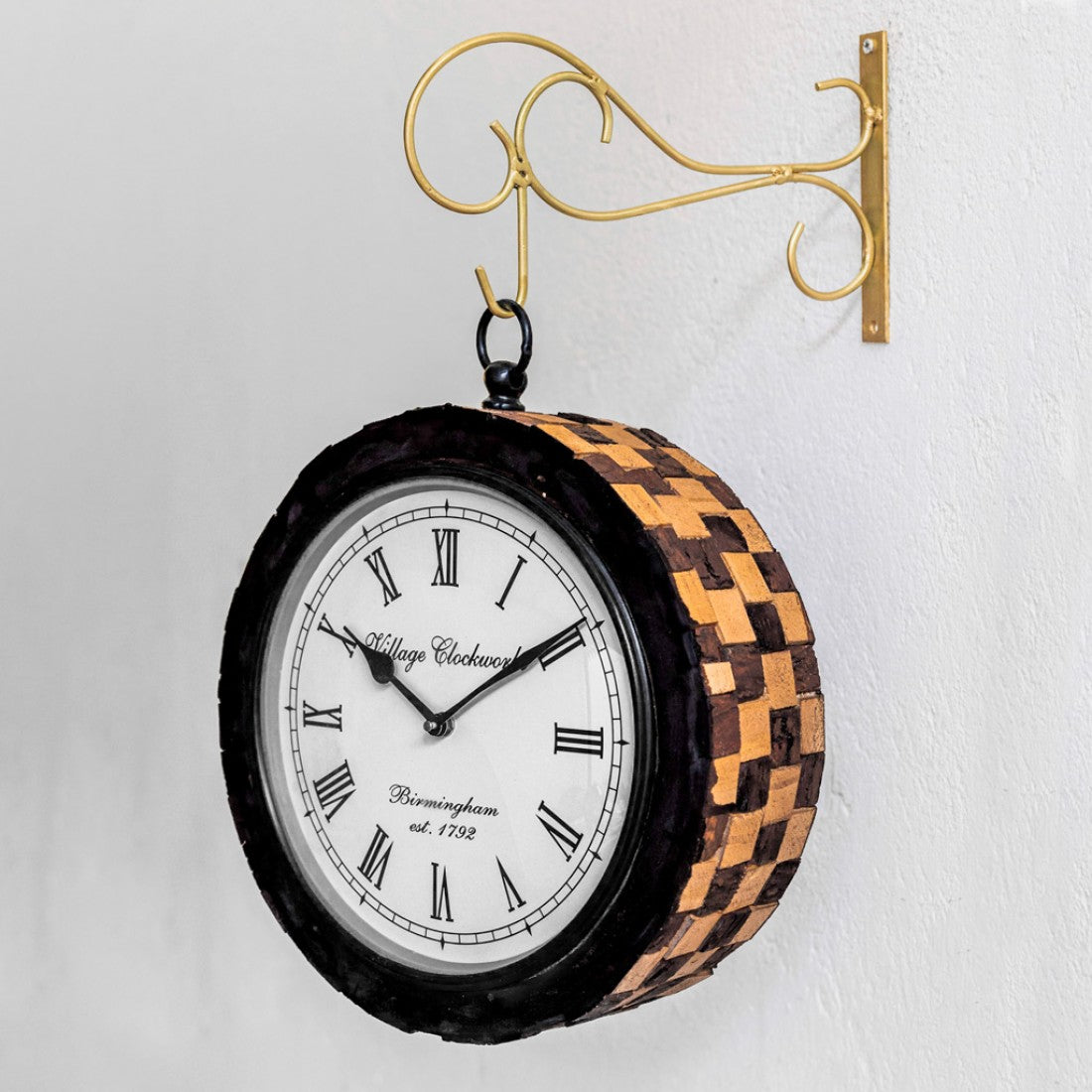 Railway Clock Chequered Sleeper Wood Dia 12 Inch